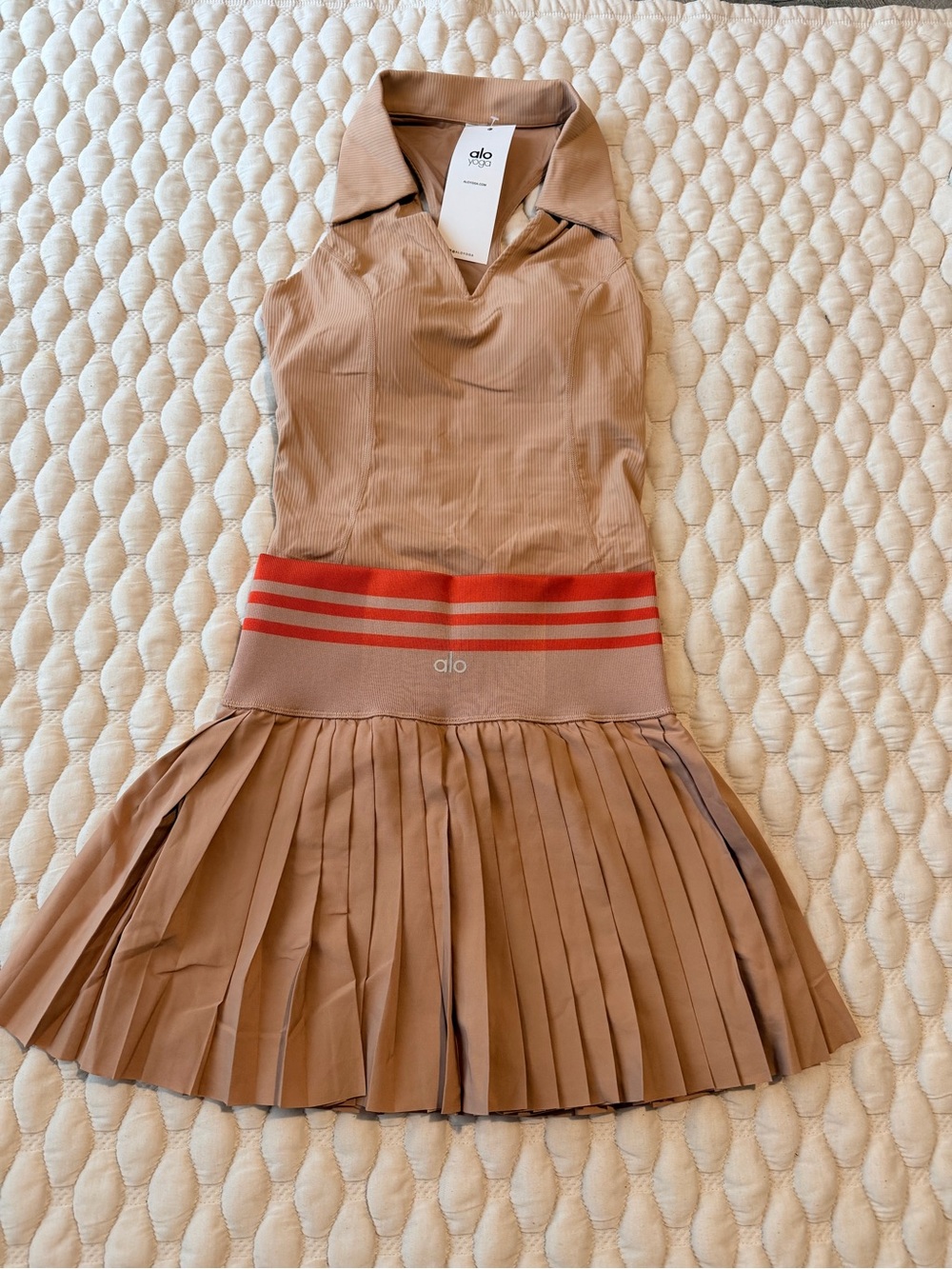 ALO Yoga Tan Pleated Polo Dress with Red Striped Waistband